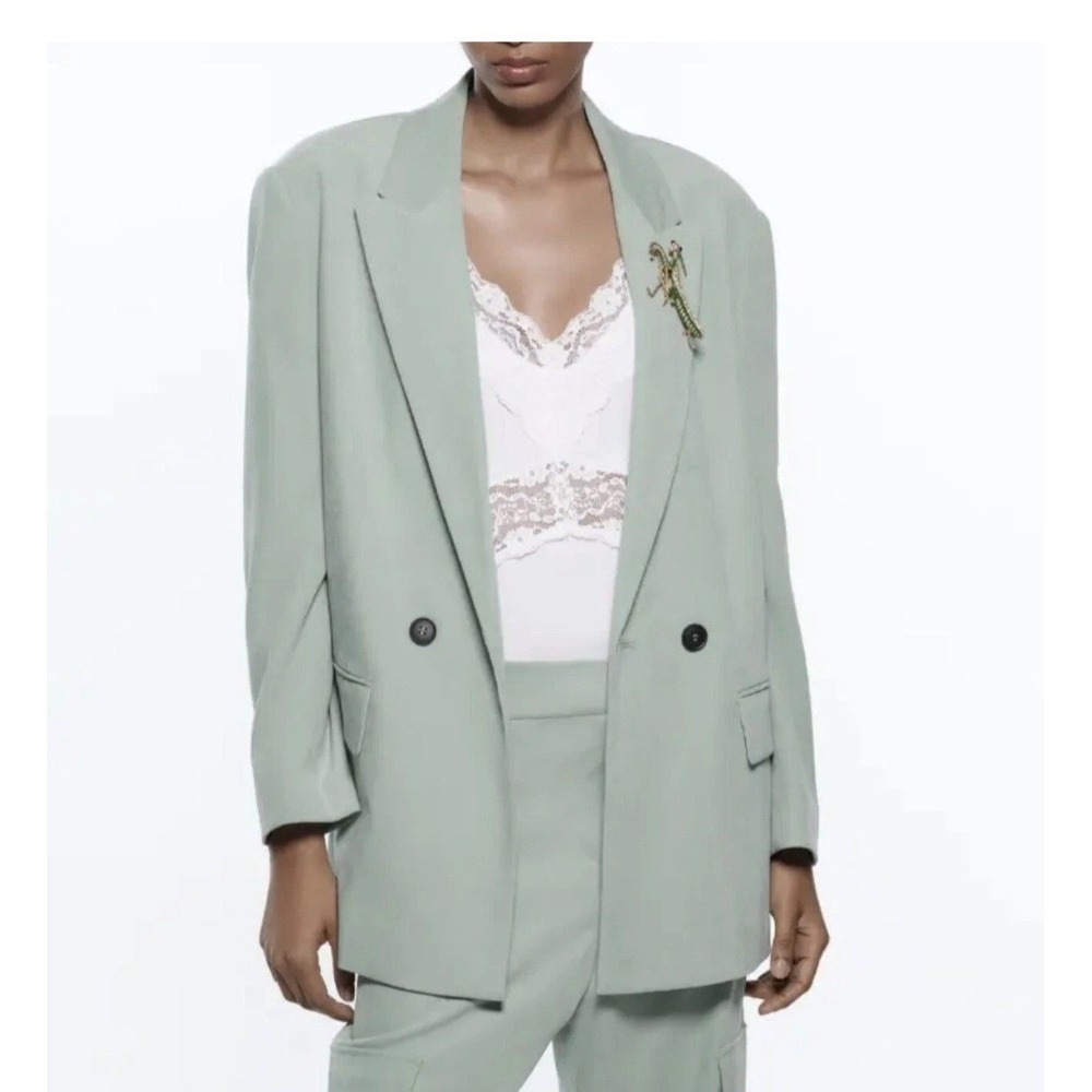 Zara Womens Sage Green Double Breasted Oversized Blazer Jacket Size M - Picture 4 of 13
